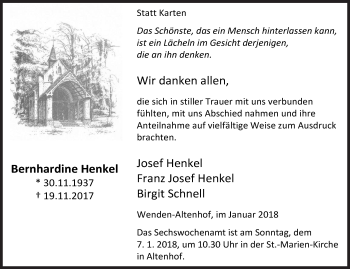 Traueranzeige von Bernhardine Henkel von Siegener Zeitung