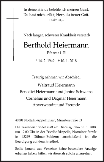 Traueranzeige von Berthold Heiermann von Siegener Zeitung
