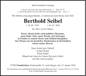 Traueranzeige von Berthold Seibel von Siegener Zeitung