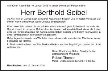 Traueranzeige von Berthold Seibel von Siegener Zeitung