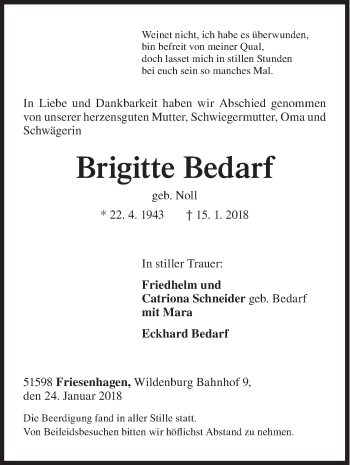 Traueranzeige von Brigitte Bedarf von Siegener Zeitung