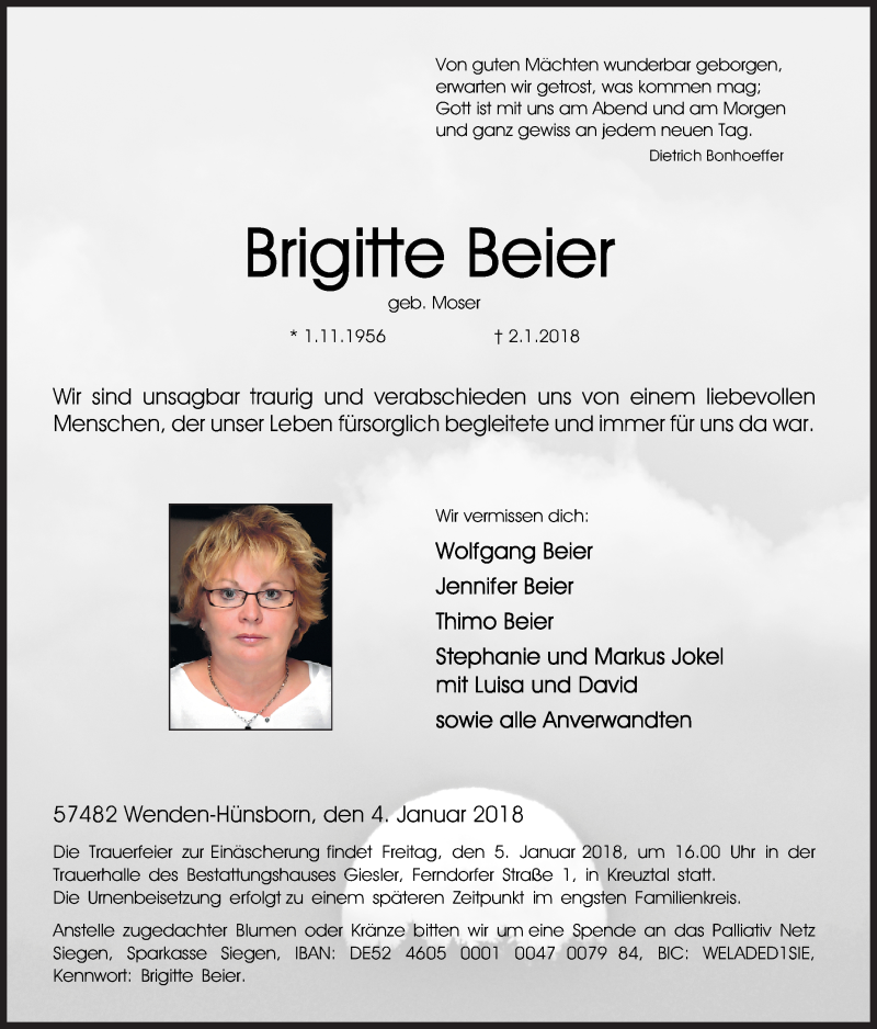  Traueranzeige für Brigitte Beier vom 04.01.2018 aus Siegener Zeitung