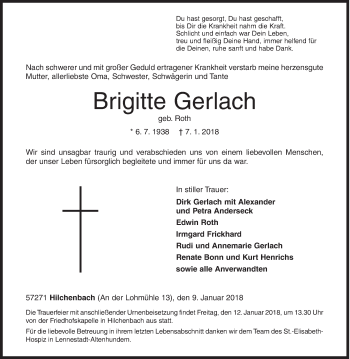 Traueranzeige von Brigitte Gerlach von Siegener Zeitung