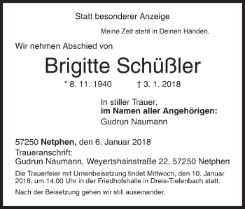 Traueranzeige von Brigitte Schüßler von Siegener Zeitung