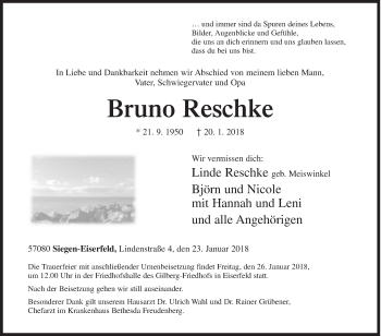 Traueranzeige von Bruno Reschke von Siegener Zeitung