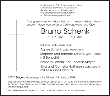 Traueranzeige von Bruno Schenk von Siegener Zeitung