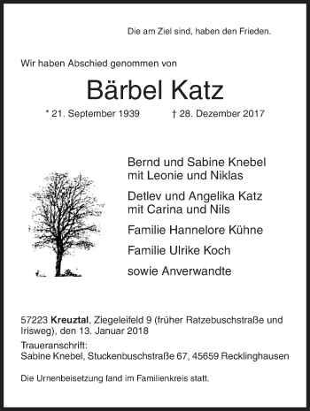 Traueranzeige von Bärbel Katz von Siegener Zeitung