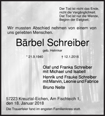 Traueranzeige von Bärbel Schreiber von Siegener Zeitung