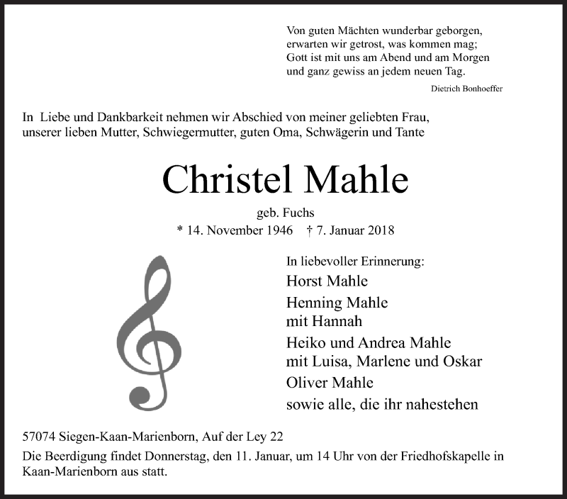  Traueranzeige für Christel Mahle vom 09.01.2018 aus Siegener Zeitung