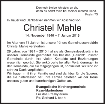Traueranzeige von Christel Mahle von Siegener Zeitung