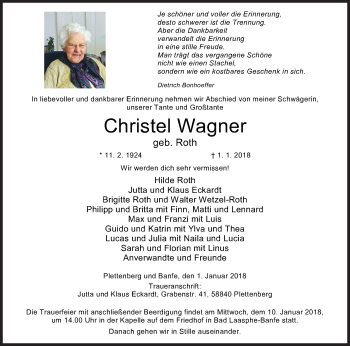Traueranzeige von Christel Wagner von Siegener Zeitung