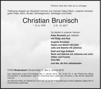 Traueranzeige von Christian Brunisch von Siegener Zeitung