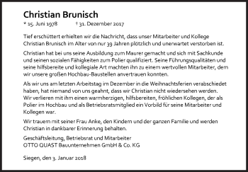 Traueranzeige von Christian Brunisch von Siegener Zeitung