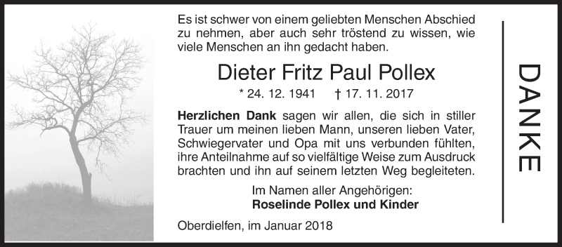  Traueranzeige für Dieter Fritz Paul Pollex vom 06.01.2018 aus Siegener Zeitung