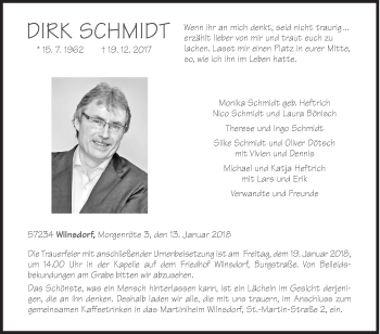 Traueranzeige von Dirk Schmidt von Siegener Zeitung