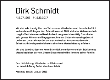 Traueranzeige von Dirk Schmidt von Siegener Zeitung
