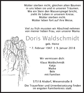 Traueranzeige von Doris Waldschillidt von Siegener Zeitung