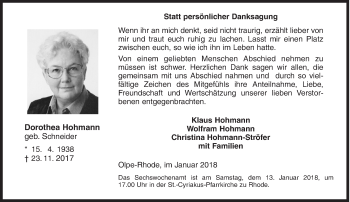 Traueranzeige von Dorothea Hohmann von Siegener Zeitung
