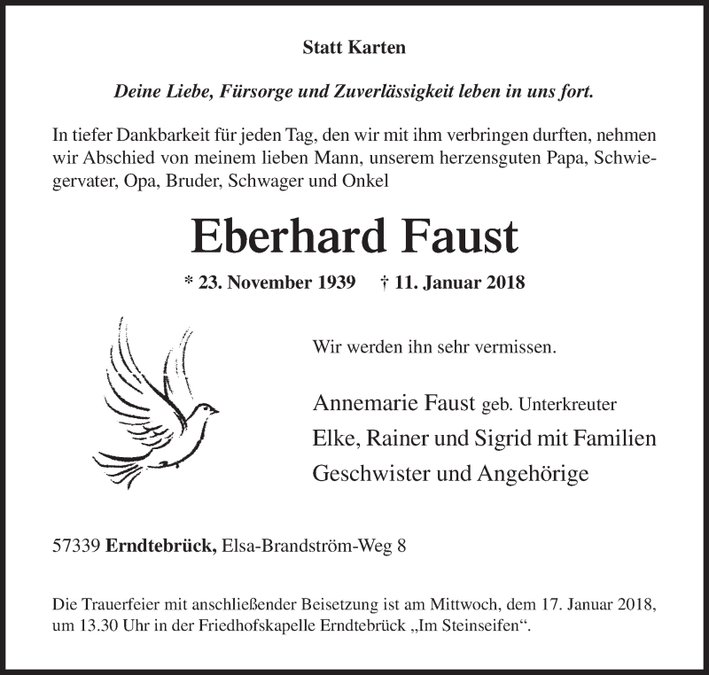  Traueranzeige für Eberhard Faust vom 15.01.2018 aus Siegener Zeitung