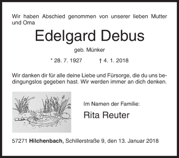 Traueranzeige von Edelgard Debus von Siegener Zeitung