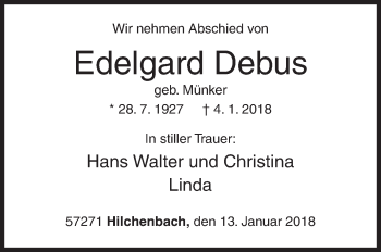 Traueranzeige von Edelgard Debus von Siegener Zeitung