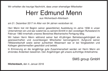 Traueranzeige von Edmund Menn von Siegener Zeitung