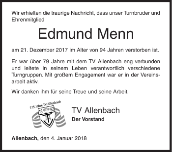 Traueranzeige von Edmund Menn von Siegener Zeitung