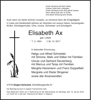 Traueranzeige von Elisabeth Ax von Siegener Zeitung