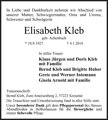 Traueranzeige von Elisabeth Kleb von Siegener Zeitung