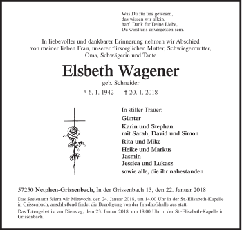 Traueranzeige von Elsbeth Wagener von Siegener Zeitung