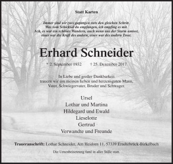 Traueranzeige von Erhard Schneider von Siegener Zeitung