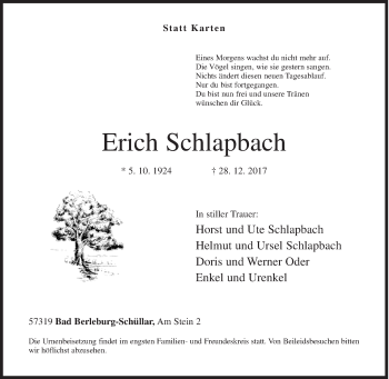 Traueranzeige von Erich Schlapbach von Siegener Zeitung