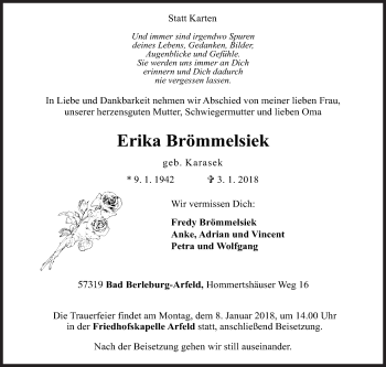 Traueranzeige von Erika Brömmelsiek von Siegener Zeitung