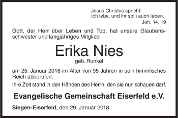 Traueranzeige von Erika Nies von Siegener Zeitung