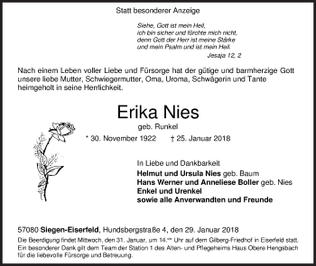 Traueranzeige von Erika Nies von Siegener Zeitung