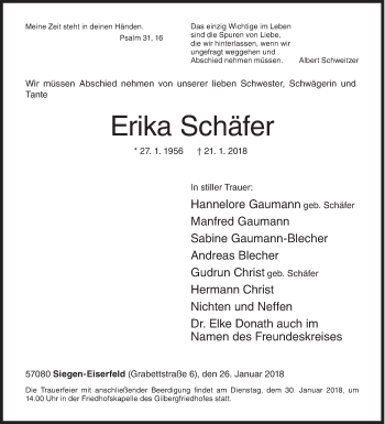 Traueranzeige von Erika Schäfer von Siegener Zeitung