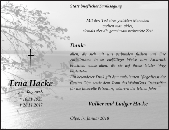 Traueranzeige von Erna Hacke von Siegener Zeitung