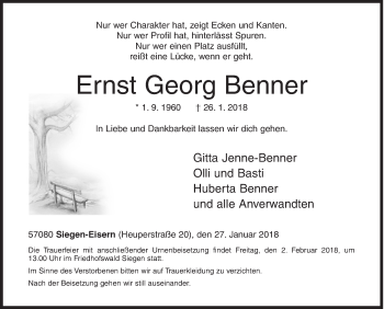 Traueranzeige von Ernst Georg Benner von Siegener Zeitung