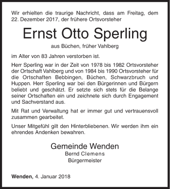 Traueranzeige von Ernst Otto Sperling von Siegener Zeitung
