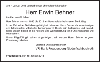 Traueranzeige von Erwin Behner von Siegener Zeitung