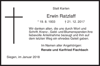 Traueranzeige von Erwin Ratzlaff von Siegener Zeitung