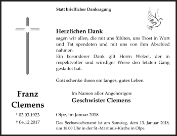 Traueranzeige von Franz Clemens von Siegener Zeitung