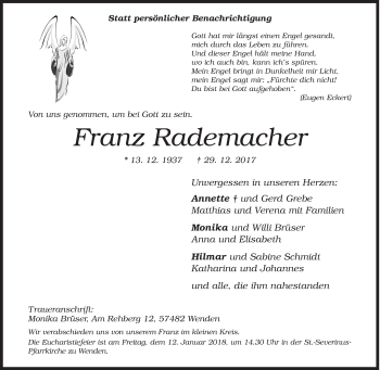 Traueranzeige von Franz Rademacher von Siegener Zeitung