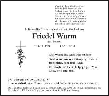 Traueranzeige von Friedel Wurm von Siegener Zeitung