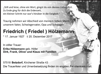 Traueranzeige von Friedrich Hölzeman von Siegener Zeitung