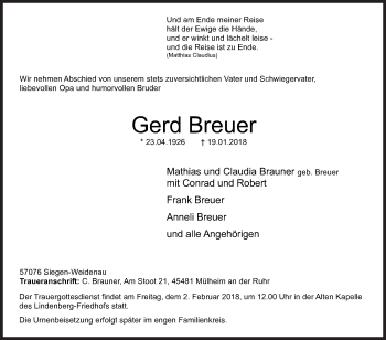Traueranzeige von Gerd Breuer von Siegener Zeitung