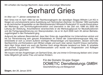 Traueranzeige von Gerhard Gries von Siegener Zeitung