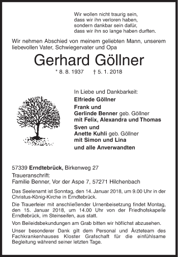 Traueranzeige von Gerhard Göllner von Siegener Zeitung