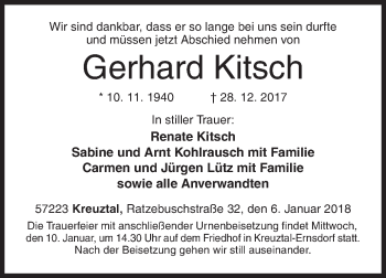 Traueranzeige von Gerhard Kitsch von Siegener Zeitung