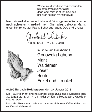 Traueranzeige von Gerhard Labuhn von Siegener Zeitung
